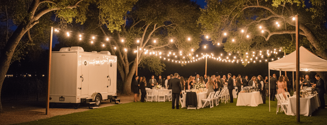 JW Enterprises 16ft Executive Bathroom Trailer at an evening event.