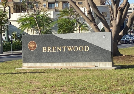 Brentwood community sign on San Vicente Boulevard in Brentwood, Los Angeles