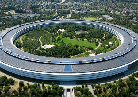 Apple Park aerial, Cupertino CA Aerial view of the Apple Park ring campus in Cupertino, California
