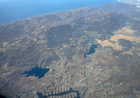 Aerial view of Lake Sherwood in the Santa Monica Mountains near Thousand Oaks, California