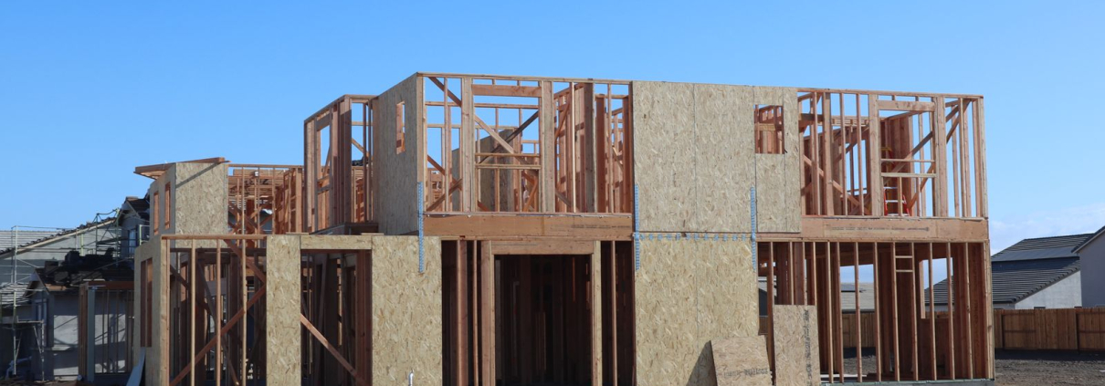 Wood framing for a new two story home under construction