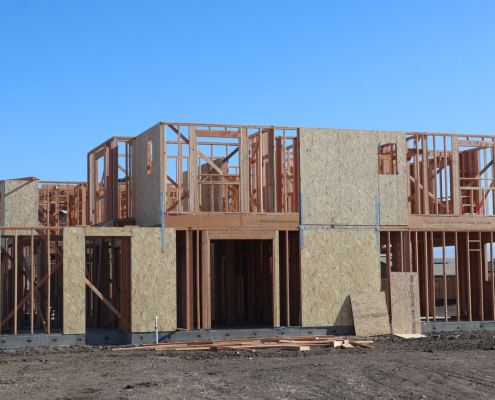 Wood framing for a new two story home under construction