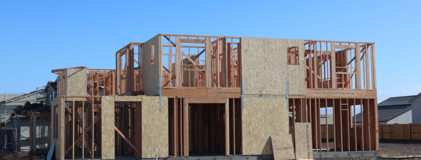 Wood framing for a new two story home under construction