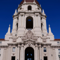 Pasadena City Hall tower against a clear blue sky
