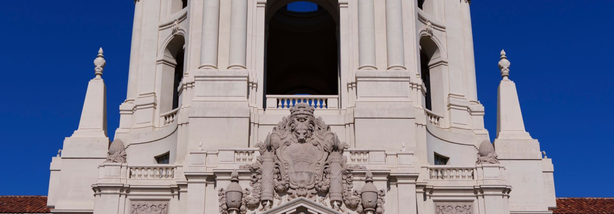 Pasadena City Hall tower against a clear blue sky