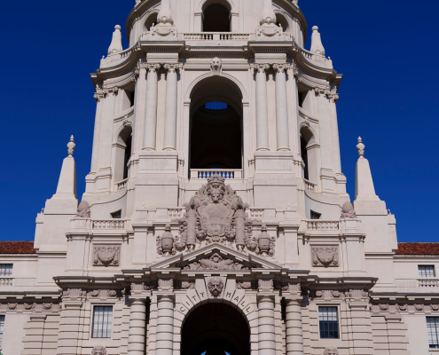 Pasadena City Hall tower against a clear blue sky