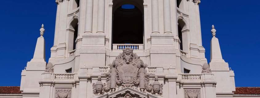 Pasadena City Hall tower against a clear blue sky